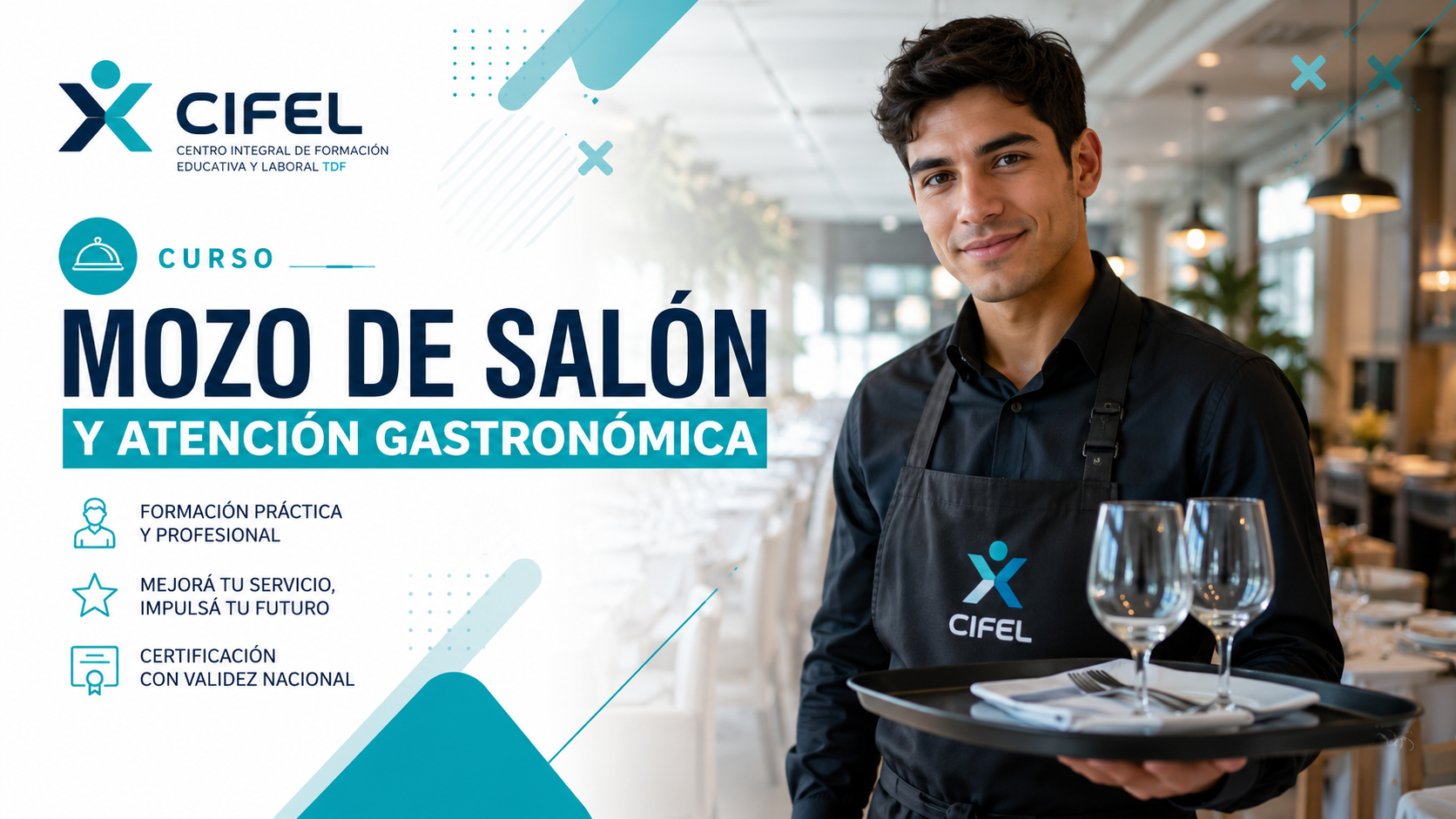 Mozo profesional realizando el servicio de mesa en un restaurante